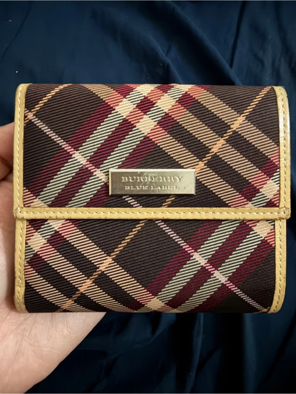 Burberry Blue Label Nova Check Tri-Fold Wallet Burgundy Tan